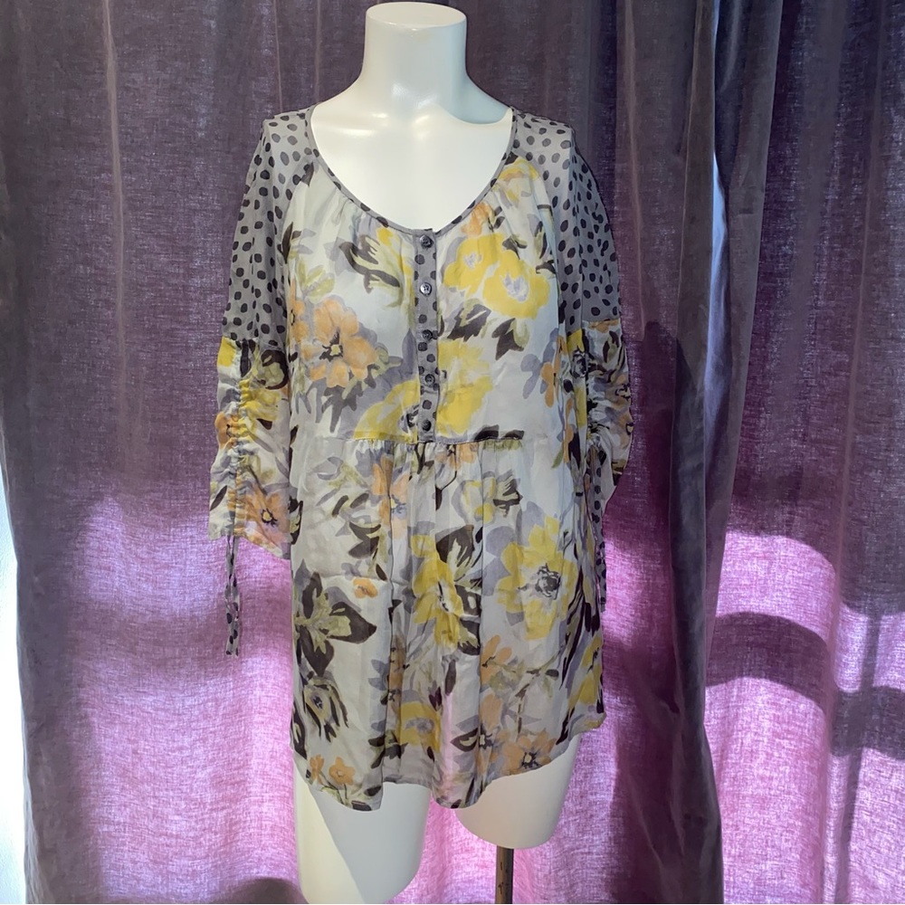 Anthropologie Yellow 100% Silk Floral Mixed-Print Blouse
